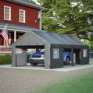 13' x 25' Carport, Heavy Duty Carport with Roll-up Sidewall & Ventilated Windows, Galvanised Frame Portable Outdoor Garage, Car Canopy with All-Season Tarp, Gray