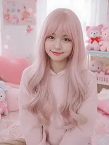 Baby Pink Long Wavy Wig for Women, Heat Resistant Fiber Cute Natural Lolita Wig, Perfect for Dress-Up & Playtime, Soft Synthetic Hair, Loose Wave Wigs, Body Wavy Wigs