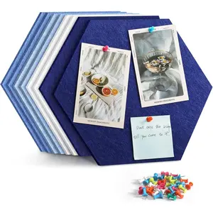 12" Large Bulletin Board with 30 Push Pins, Pack of 8 Hexagon Felt Pin Board Notice Boards for  Office Kitchen, Felt Wall Tiles for Photos Memos