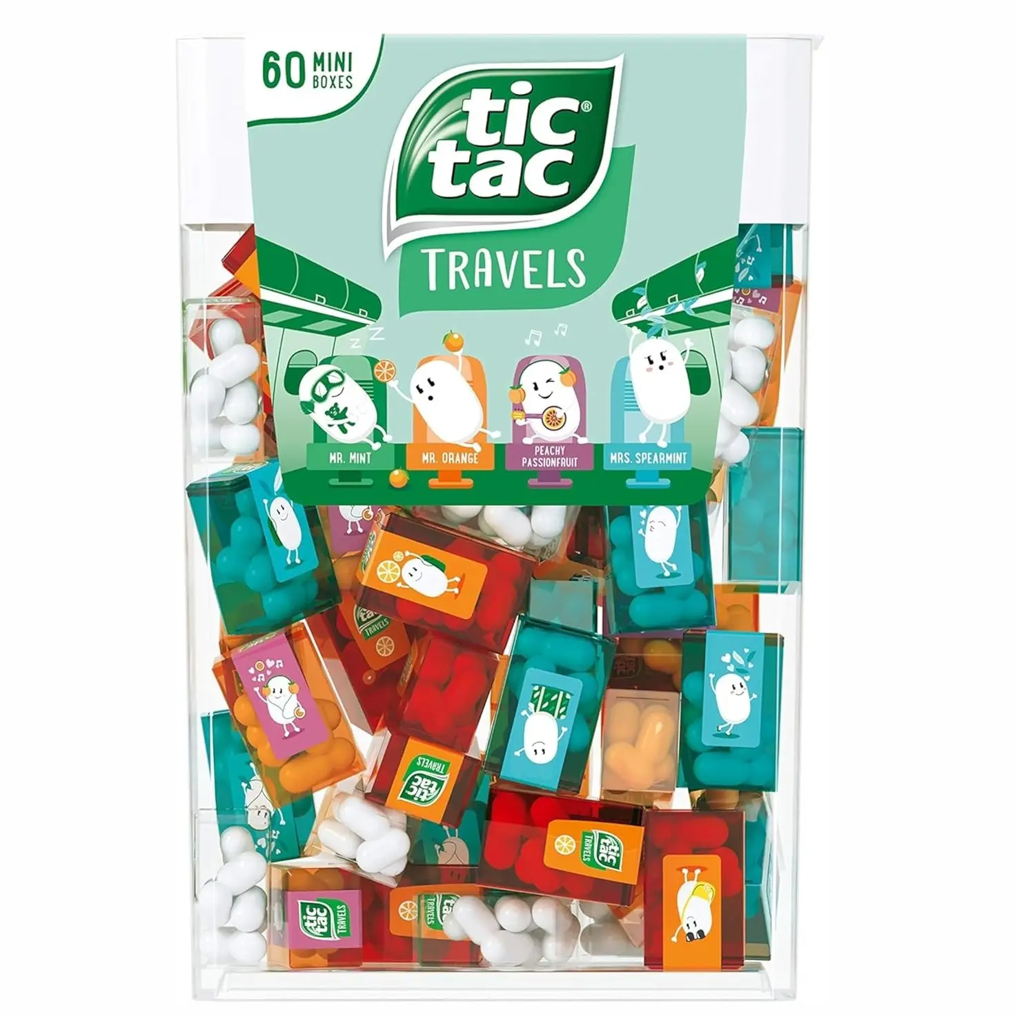 Tic Tac Candy Variety Pack - 60 Mini Boxes, 5 Flavors (Mint, Orange, Spearmint, Peach, Passion Fruit), 234g Sweet Fruit Flavored Candy Snacks