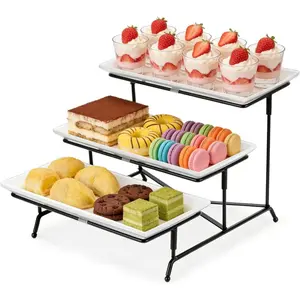 3 Tier Serving Tray, 12" White Plastic Tiered Food Serving Platters, Reusable Tray Stand Black Collapsible Metal Stand with Stable Cross Bars, Party Display Stands for Veggie Fruit, Dessert