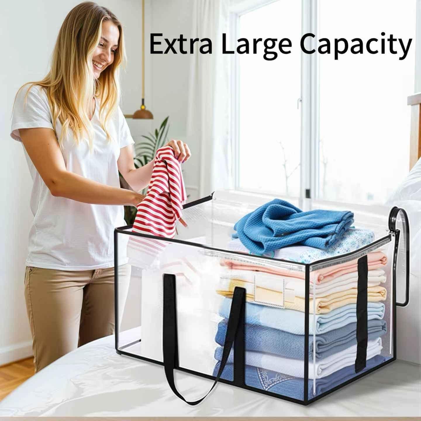 2/4/6 Packs Extra Large Heavy Duty Moving Bags — Waterproof Storage Totes with Zippers & Handles, Foldable for College Dorm and Home Storage (Clear)
