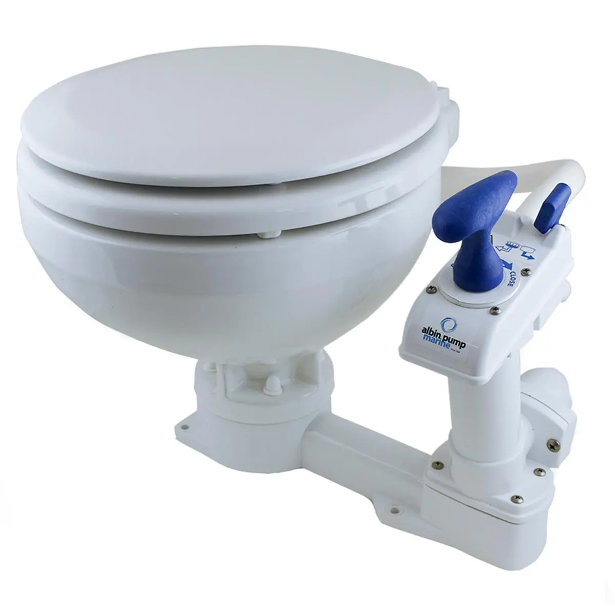 212 MAIN Marine Ceramic Toilet, Solid White Bowl with Manual Flush Pump, Reversible Handle and Gentle-Closing Seat for Boats, Thermoplastic, Plug&Play, Regular Bowl, Soft-Close, Stable Base, Easy To Clean, Interchangeable With Jabsco 29120-3000, Marine To