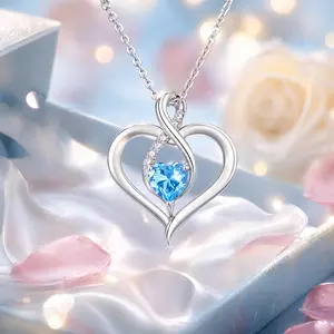 Blue Heart Necklace With Rose Gift Box, I Love You Forever Pendant Necklace For Women, Romantic Jewelry Gift For Girlfriend Wife Mom