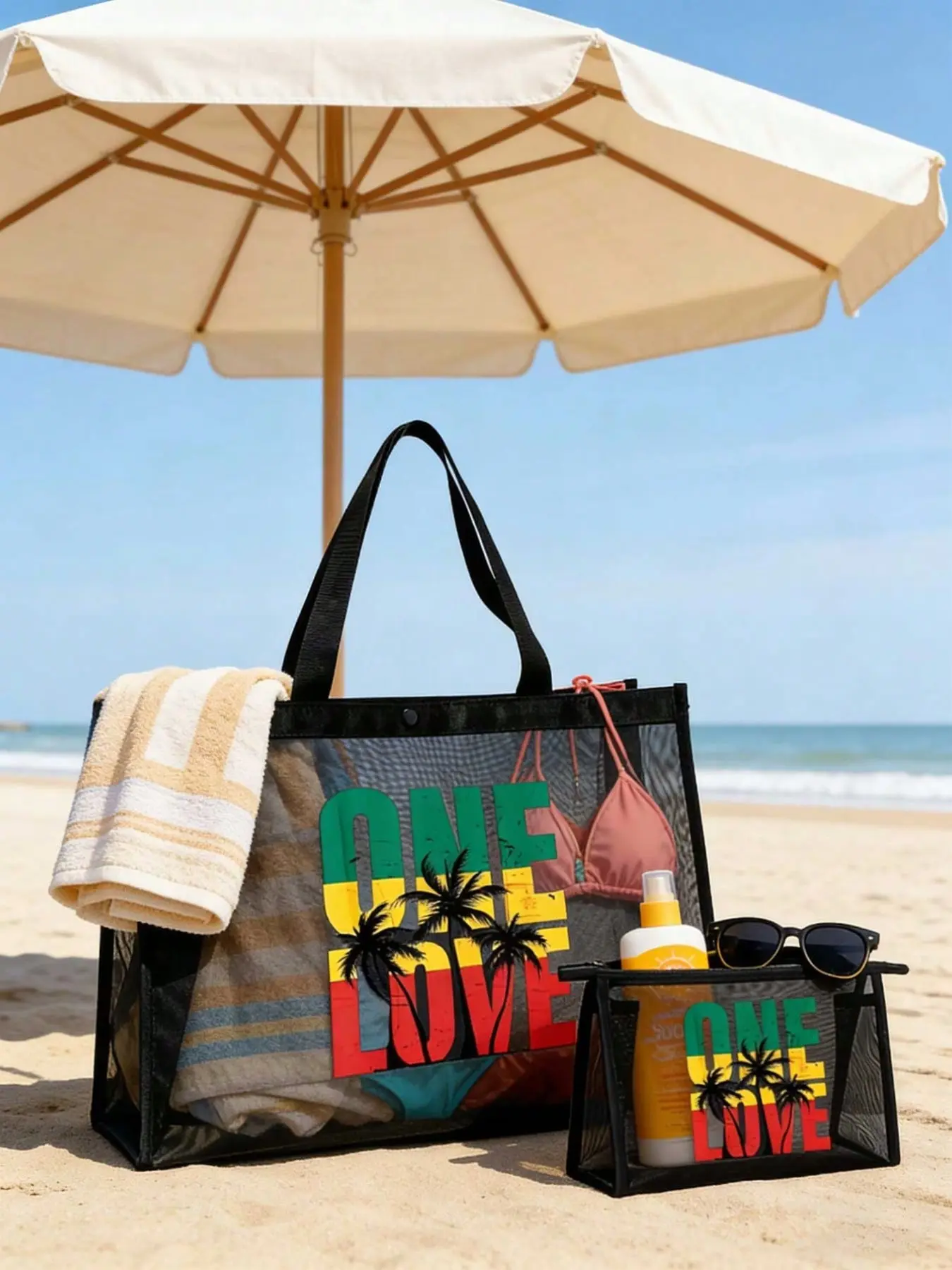 Large-capacity mesh bag set with tropical palm tree and 'I Love' letter design pattern print, hollow mesh beach tote, lightweight beach bag, wash bag, makeup bag, mesh cosmetic storage bag, foldable large-capacity swimming and beach bag