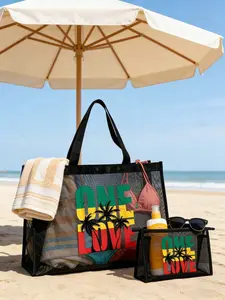 Large-capacity mesh bag set with tropical palm tree and 'I Love' letter design pattern print, hollow mesh beach tote, wash bag, makeup bag, mesh cosmetic storage bag, foldable large-capacity swimming and beach bag