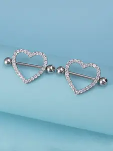1pair Heart Shaped Rhinestone Decor Nipple Ring, Cute Nipple Straight Barbell 14G, Fashionable Body Piercing Jewelry for Women Hypoallergenic Stainless Steel, Trendy All-match & Exquisite Jewelry for Gift, Heart Design Chain