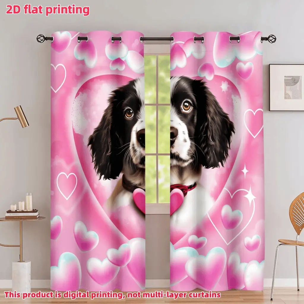 2D Flat 2Pcs Cute Dog Heart Print Window Curtain, Pink Theme, Perforated Design, Semi-Sunshade Privacy, for Living Room, Bedroom, Balcony, Home Decor, Valentines Day Gift, Accessory .