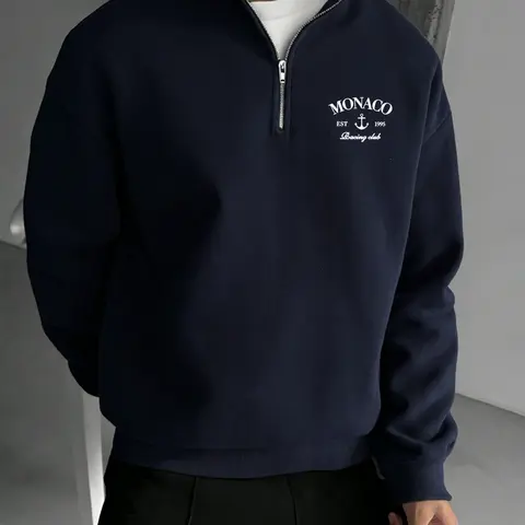 Monaco Racing Club Printed Half-Zip Sweatshirt Long Sleeve, Casual Fashion Sweatshirt, Casual Fitted Crew Neck Top, Spring & Fall Wear, Plain Pattern, China Origin