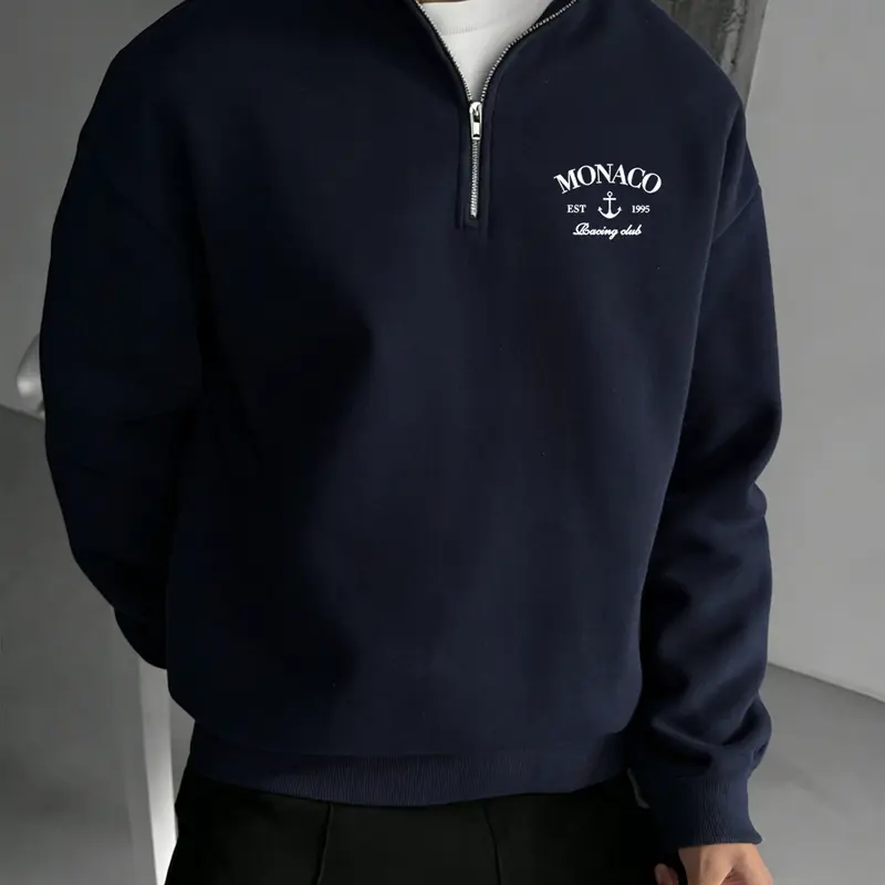 Monaco Racing Club Printed Half-Zip Sweatshirt Long Sleeve, Casual Fashion Sweatshirt, Casual Fitted Crew Neck Top, Spring & Fall Wear, Plain Pattern, China Origin