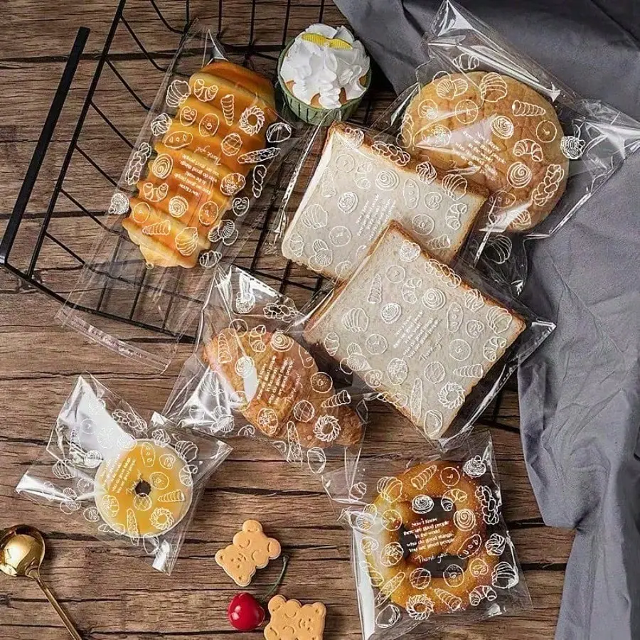 50 Pcs Baking Shop Specific Self Sealing Bag | Plastic Paper Material Waterproof And Moisture-Proof | Biscuit And Bread Packaging | Clean And Non Stick, Easy To Store Sealed Bag