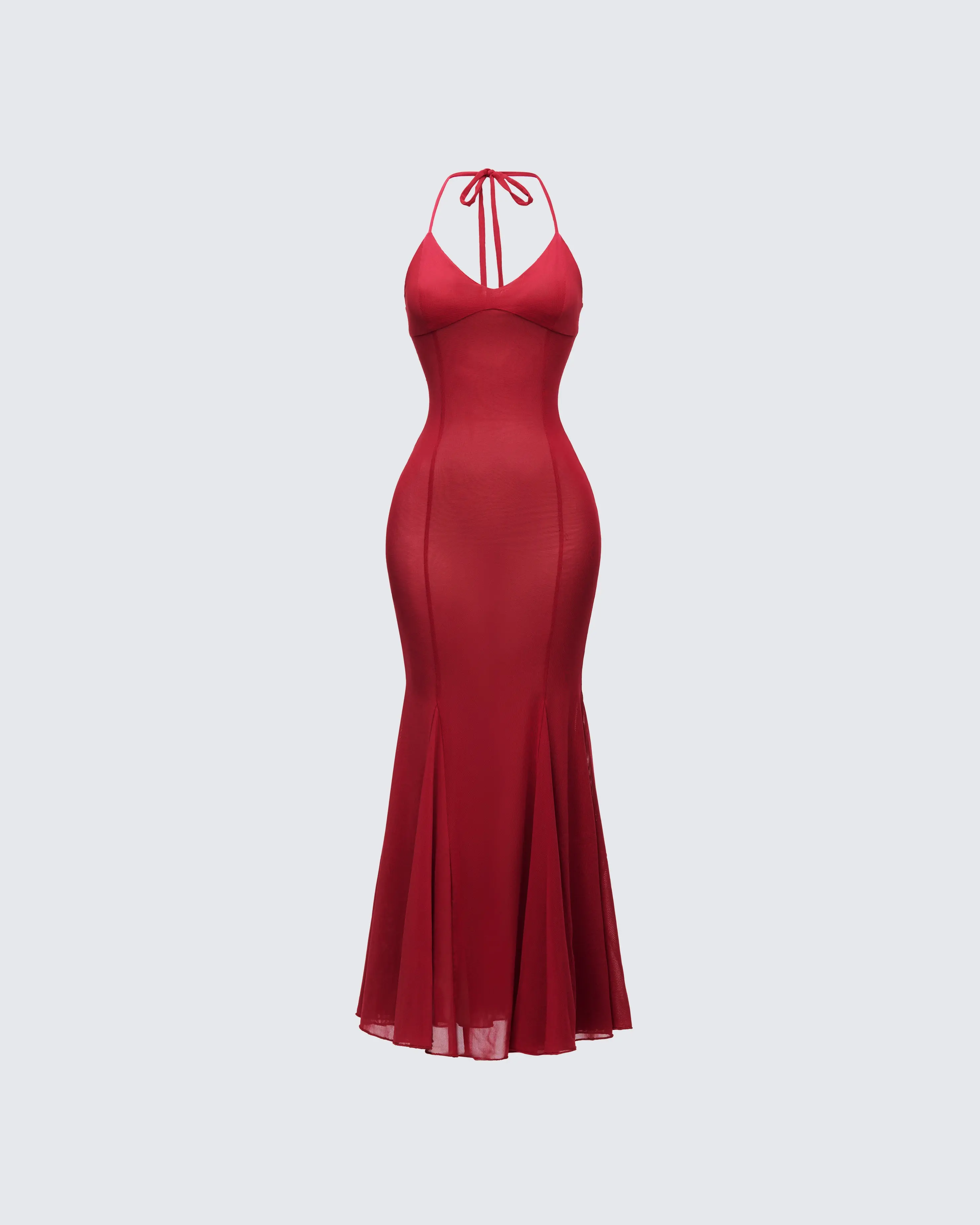 FINESSE Women's Ash Red Sheer Polyester Mesh Halter Neck Maxi Dress - Formal Bodycon Gown with Triangle Cups, Stretch Spandex Mermaid Flare Hem, Sheer Mesh, Mesh Overlay