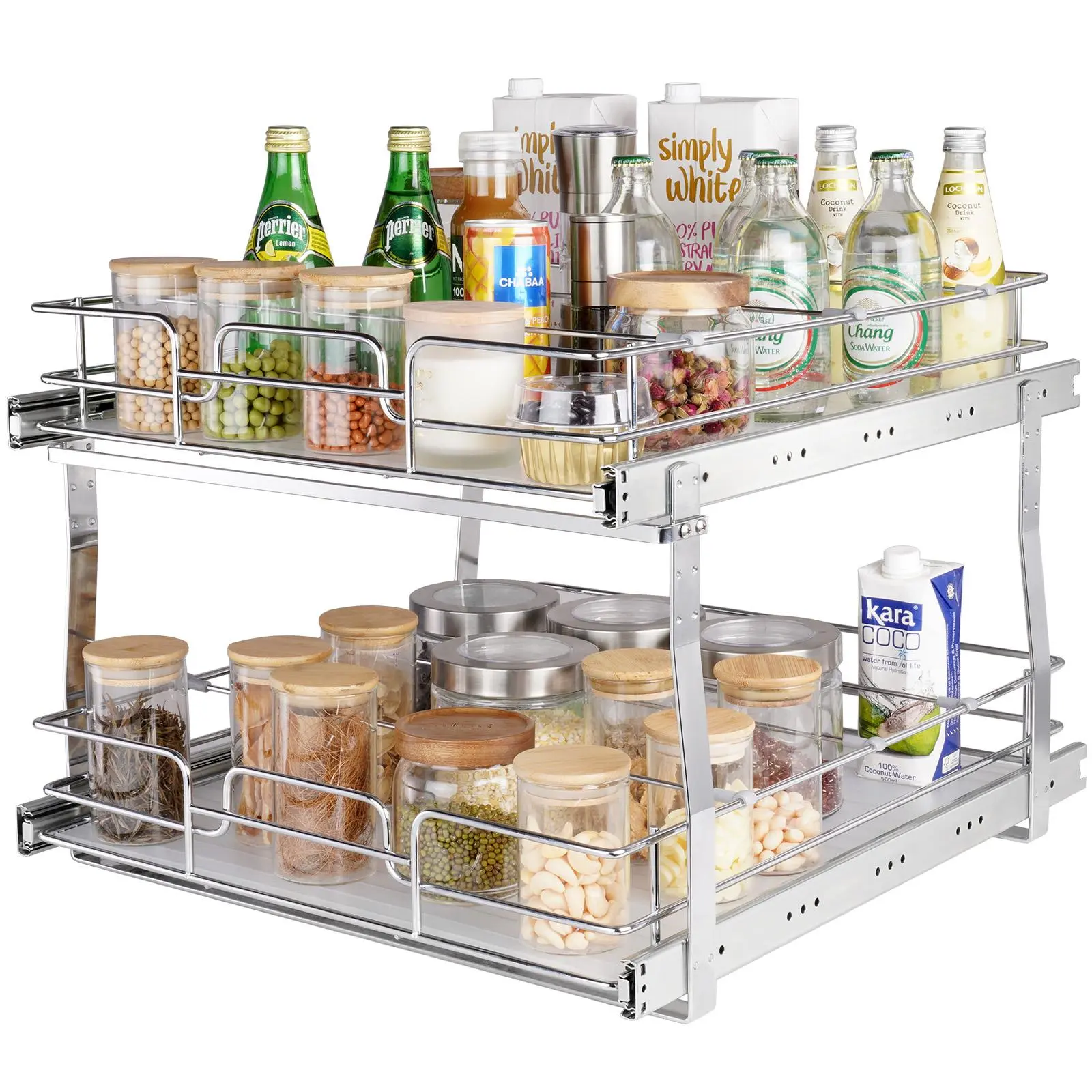 VEVOR 2-Layer Adjustable Undershelf Cabinet Organizer, 19"W x 20"D Chrome-Plated Steel Pull-Out Shelf with Smooth Slides, Removable Tray, Durable Multifunctional Dual-Shelf Storage Drawer Unit for Under Sink, Cabinet Organizer Racks