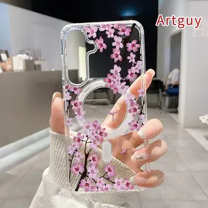 Magnetic Soft Case for  Samsung Galaxy S26 Edge S23 Ultra S24 Plus FE S25 S22+ Cherry Blossom Grace Pattern Anti-Yellowing Shockproof ultra-thin Silicone Crystal Transparent Acrylic Large Hole Cover Supports Wireless Charging