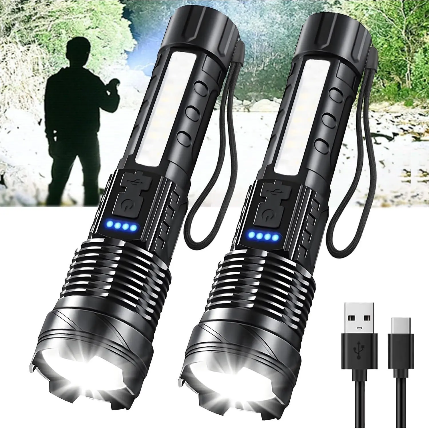 2-Pack Tactical COB LED Flashlights, 90000 Lumen Rechargeable Handheld Outdoor Gadgets, Waterproof IPX6, 7 Modes, Heat Dissipation, Lanyard & Pocket Clip, Dual-Mode Smart Zoom, Hunting Lights for Camping, Night Fishing