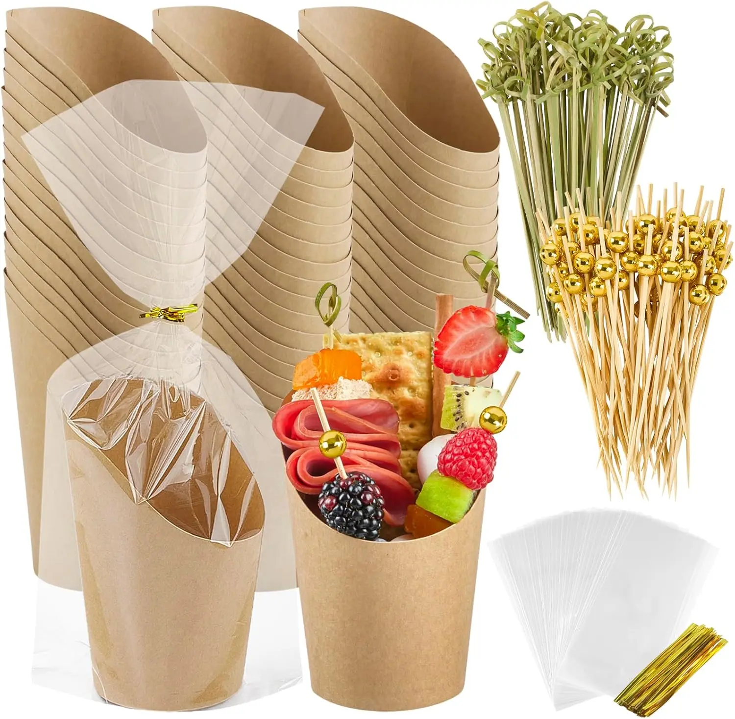 Ocmoiy Charcuterie Cups with Sticks and Bags, Brown Disposable 14 oz Kraft Paper Appetizer Cups, Individual Party Serving Snack Cups (50 Cups, 200 Picks, 50 bags)