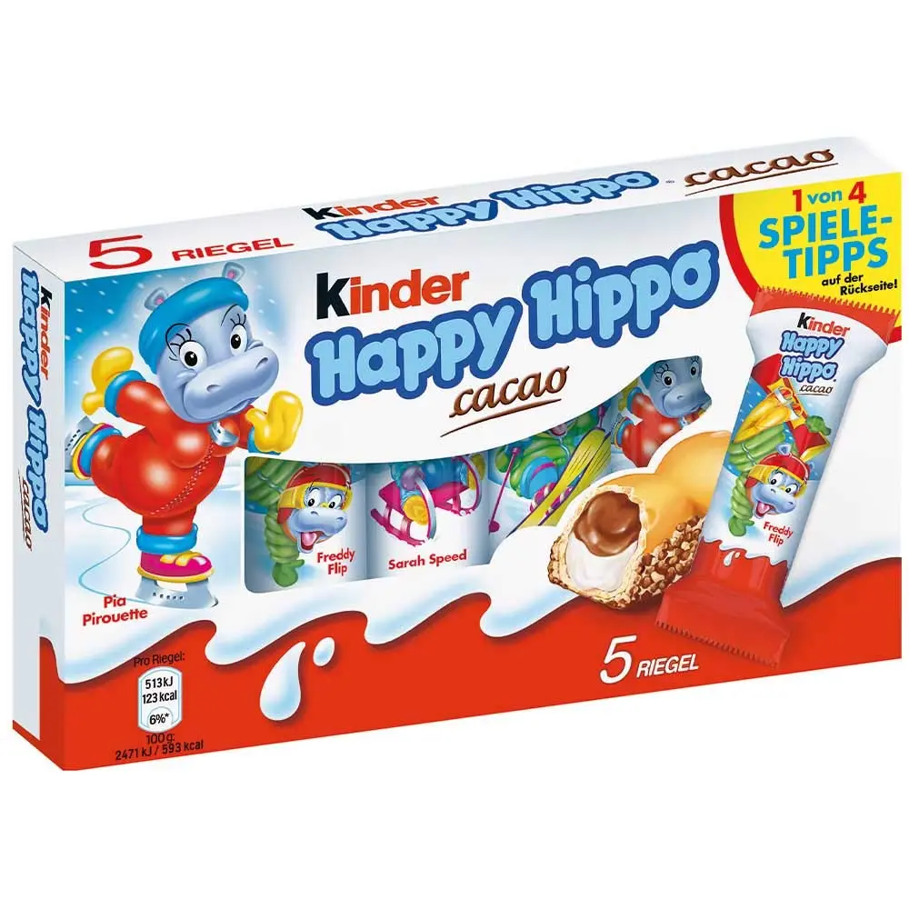Kinder Happy Hippo Wafer Bar, Cocoa Cream Flavor with Hazelnut Filling, 5-Pack Snack