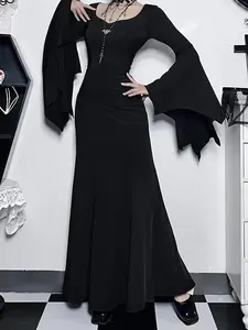 Womenswear Black Witch Dress for Women Gothic Flare Sleeve Party Maxi Dress