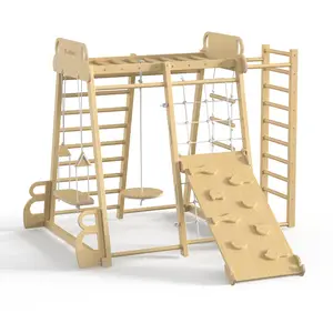 BlueWood Indoor Jungle Gym for Kids 2+, Montessori Toys, Safari-Themed Indoor Playset with Swings, Climbing Ladders, Rock Wall, Slide, and Monkey Bars – Baby Gym for Homeschooling, Sensory Play, Motor Skills & STEAM Learning Natural Wooden Gifts Set