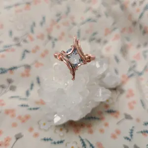 Blue Topaz Rose Gold Plated Ring Wire Wrapped Handmade Natural Faceted Gemstone Crystal US Size 8.5