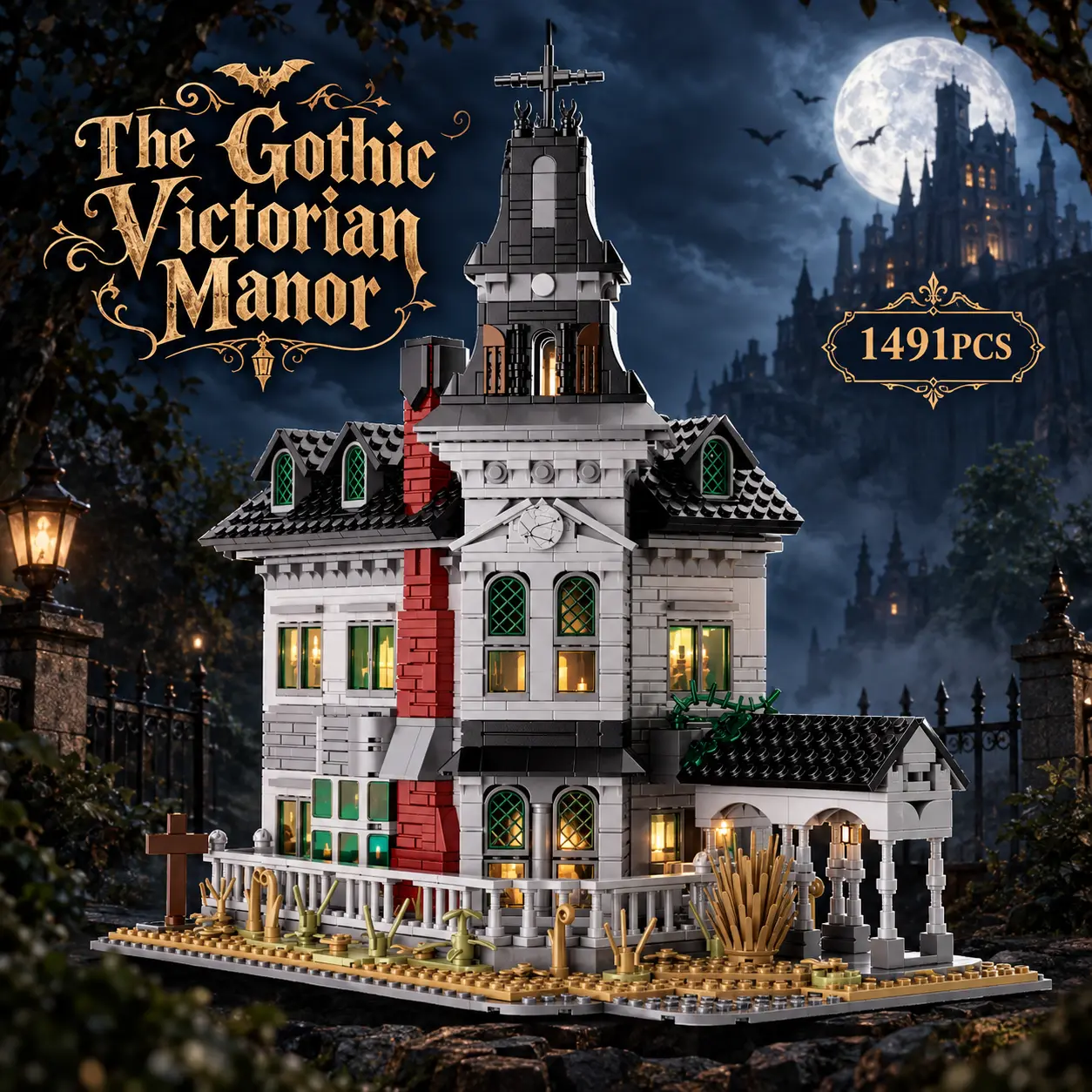 Gothic Victorian Manor Building Block Set - Unisex DIY Plastic Bricks Dark Mansion Model Kit with Arched Windows, Double-Layer 3D Haunted House Toy for Halloween, Children Development & Architecture Enthusiasts 8+
