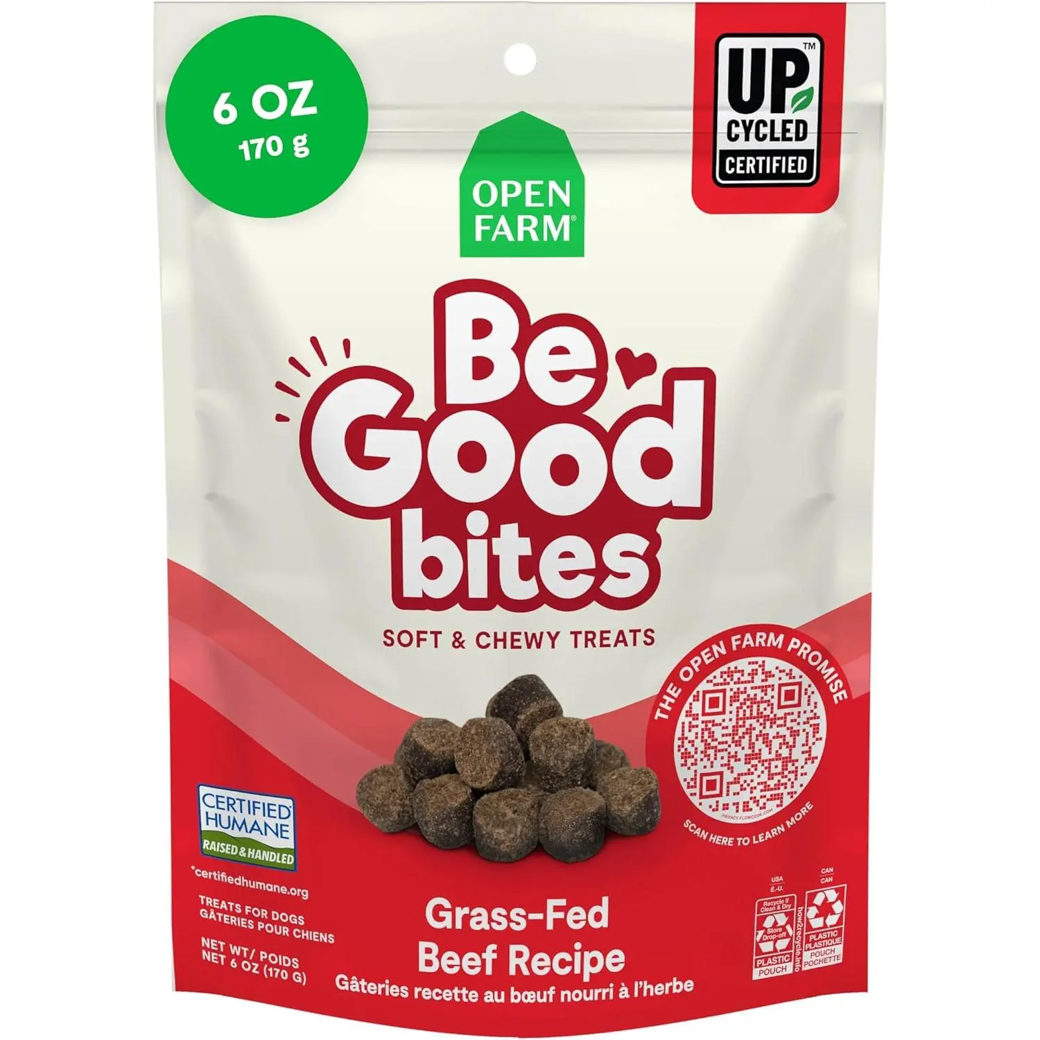 Open Farm, Be Good Bites, Soft Dog Training Treats, Small & Chewy, Made with Ethically & Sustainably Sourced Ingredients, Non-GMO Fruits & Grains, Grass-Fed Beef Recipe, 6oz Pouch