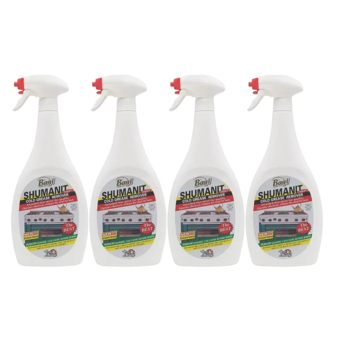 Shumanit Bagi Unscented Hypoallergenic Cold Grease Kitchen Spray Cleaner-Degreaser, Kosher For Passover, 26.4 Fl Oz (500-1,000 ml) Sanisco Packaging Household Liquid Cleaners (4 Bottles)