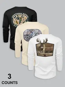 Outdoor Hunting Duck Long Sleeve T-Shirt, Crewneck, Geometric Pattern, Fitted Style, Casual Wear, Perfect for Outdoor Enthusiasts, 3 Designs Available