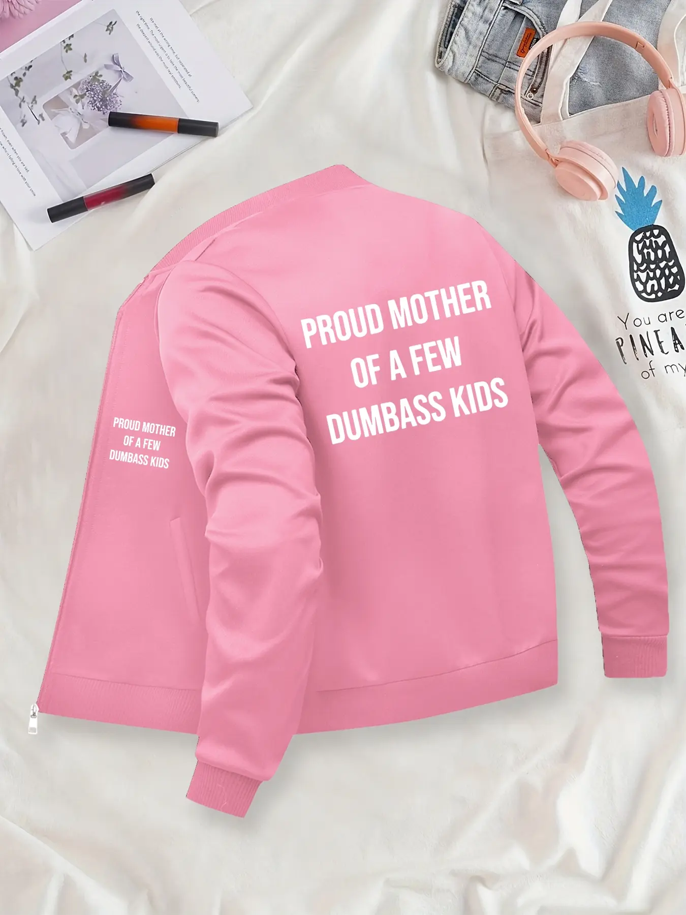Funny Text Printed Bomber Jacket - Parent-Child/Mother-Daughter Outfit, Zip-Up Casual Jacket, Stand Collar, Polyester Knit Fabric, Fitted Design, Pocket Detail, Suitable for Autumn & Winter.