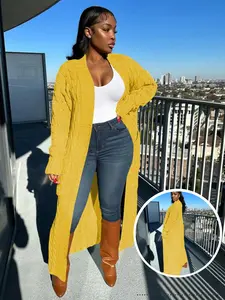 USBoutique Chic Women's Solid Drop Shoulder Pocket Cable Knit Cardigan, Long Cardigan Tops Womenswear, Cardigans for Women, Casual Long Sleeve Open Front Knitwear for Fall & Winter, Women's Knitwear for Daily Wear, Drop Shoulder Cardigan