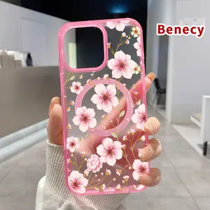 Magnetic Soft Case for iPhone 15 16 14 Pro Max 13 12 11 XR XS Plus E Drop Protection Transparent  Pink Petal Symphony Pattern Shockproof Silicone Cover Supports Wireless Charging