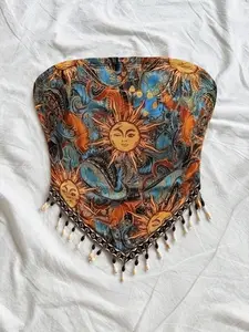 Women's Vacation Knit Floral Print Beaded Cami Top, Perfect for Parties, Afternoon Teas, Bohemian Style, Boho, Summer & Fall Wear