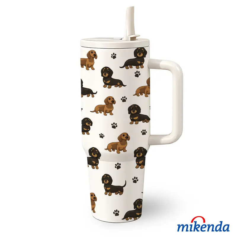 1pc 40 oz Stainless Steel Tumbler with Handle and Flip Straw, Dachshund Pattern, Double-Wall Insulated Travel Mug, Keeps Drinks Hot for 12 Hours or Cold for 24 Hours, Gift for Dog Lovers and Friends on Mother’s Day, Birthdays, and Holidays