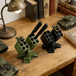 Anti-Aircraft Cannon Pen Holder, Holds 12 Pens, Brushed Metal Missile Launcher Design, Office & Military Style Decor, Unique Desk Accessory