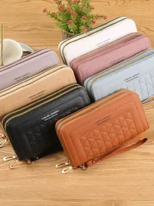 2026 New Women's Wallet Long Double Zipper Clutch Embroidery Fashion Quilted Purse Large Capacity Soft Wallet Mobile Phone Bag