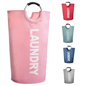 Oxford Fabric Foldable Laundry Hamper with Aluminum Handle, Large Blue Waterproof Dirty Clothes Basket, Bathroom Storage Bag