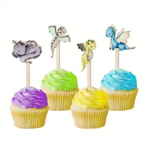 16PCS Dragon Cupcake Toppers Wooden Dragon Cake Toppers for Dragon Party Decorations Birthday Baby Shower Supplies