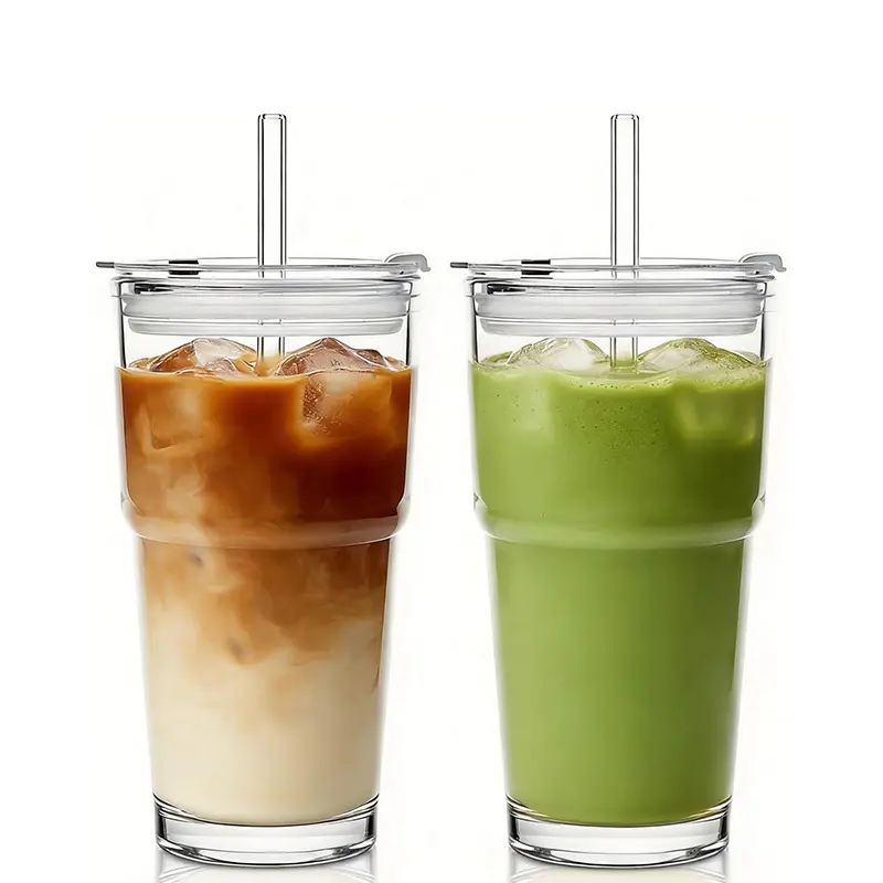 Glass Tumbler with Lid and Straws, Resuable Ice Coffee Cups, To Go Drinking Glasses for Water, Smoothie, Matcha, Iced Tea Fruit Juice, Hot and Cold Beverages, Clear, 20oz, Set of 2