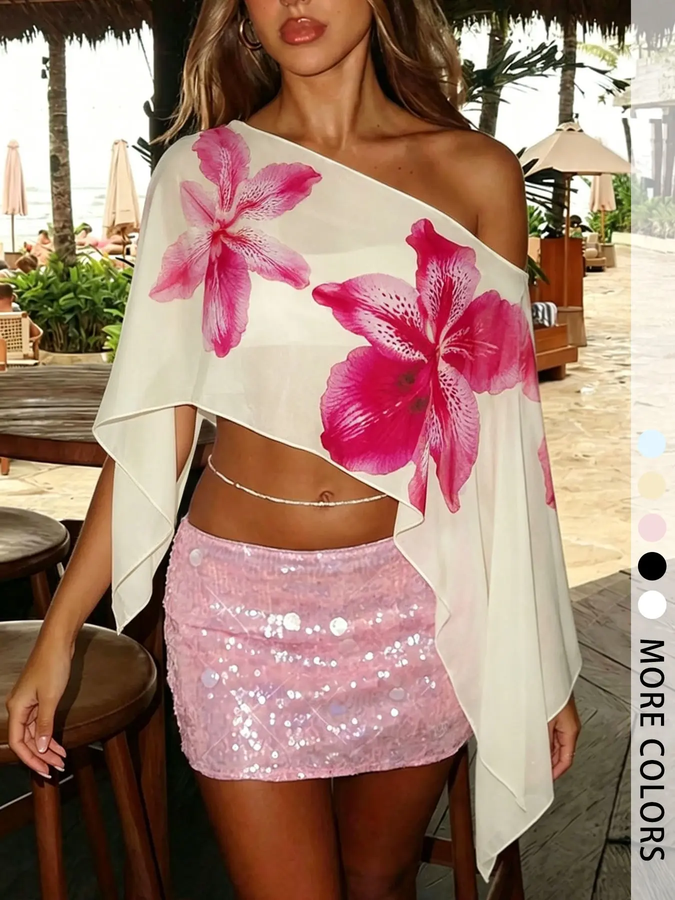 One-shoulder hibiscus lightweight shawl top for women, summer beach party resort wear, Casual cover up, Beach Coverups