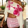 One-shoulder hibiscus lightweight shawl top for women, summer beach party resort wear, Casual cover up, Beach Coverups
