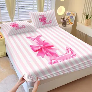 Pink White Striped Crystal Letter Bow Fitted Sheet Set & 2 Pillowcases No Core, 3D Letters A-Z with Bow Design, Soft Anti-Slip Wrinkle-Resistant Bedding, Girls Kids Room Decor, Personalized Gift with Initial