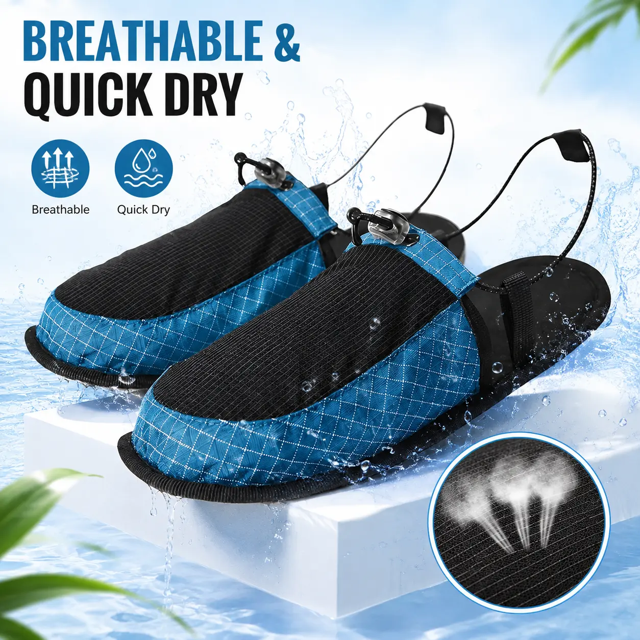 Lightweight Foldable Water Shoes for Men & Women, Non-Slip Quick-Dry Travel Slippers with Adjustable Heel Strap for Beach, Camping, River, Hotel & Shower