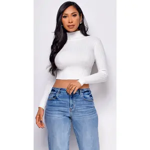 Astraia Basic Turtle Neck Crop Ribbed Sweater Top - Off White