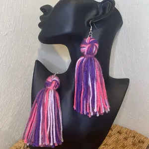 Women's Tassel Yarn Dangle Earrings - Earring for Women, Mode Fashion, Chic Style, Colorful Fringe, Baroque Fabric, Lightweight, Artistic Bold Unique Design, Hook Closure, Gift Option