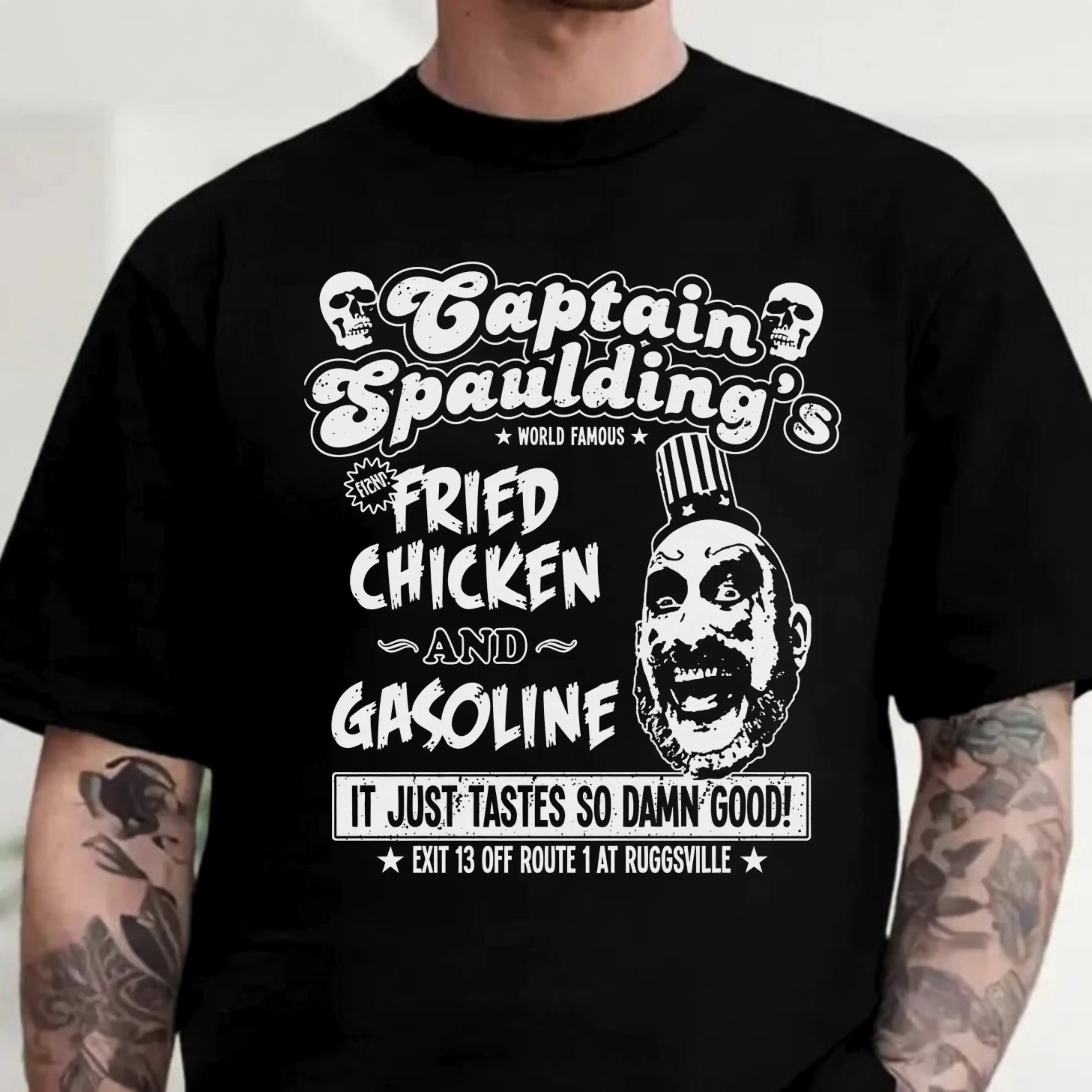 Captain Spaulding Horror Movie Graphic T-Shirt, Fried Chicken And Gasoline Vintage Tee, Halloween Streetwear, Gothic Skull Graphic, Unisex Cotton Gift