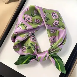 27.5-inch green floral print square scarf, elegant thin satin decorative neckerchief, spring/summer Women's headscarf