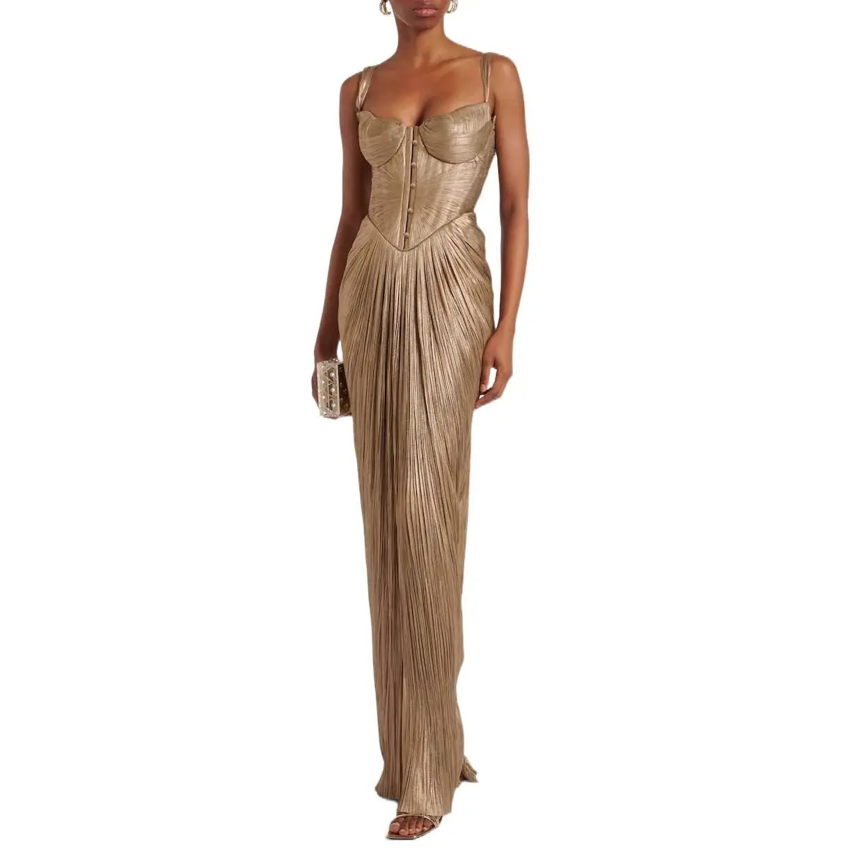 Women's Gold Pleated Lace-Up Tie-Back Sleeveless Backless High-Waist Slit Formal Dress, Detailed Evening Clothes, Wedding Guest Maxi Gown for Holiday Parties Fabric Formal Womenswear Adjustable Cocktail Elegant Metallic Statement Style