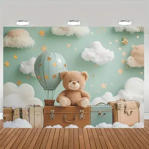 Cloud Bear Pattern Birthday Party Banner, 1 Count Photo Props Background Cloth, Indoor & Outdoor Home Decoration, Cake Table Background Decoration, Ornaments