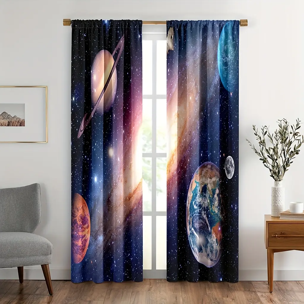 2pcs 3m Solar System Galaxy Starry Sky Curtain Rod Set - Star Planet Twinkle Design, Home Decoration Curtain, Interior Decoration Accessories, Room Decor Window Treatments for Kids Fantasy Bedroom, Room Decor Curtain