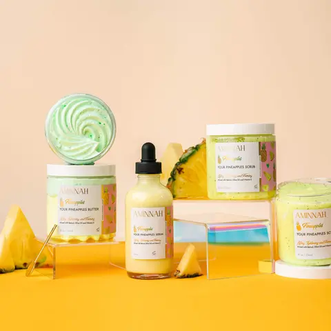 AMINNAH Pineapple 3-Piece Boob Collection Body Care Set - Body Butter, Serum, Sugar Scrub with Retinol, Shea, Olive - Firming, Moisturizing, Anti-Aging, Acne-Treating, Nourishing, Rejuvenating Skin Repair